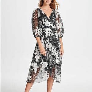 DKNY Women's Balloon Sleeve Black & White Floral Dress 10